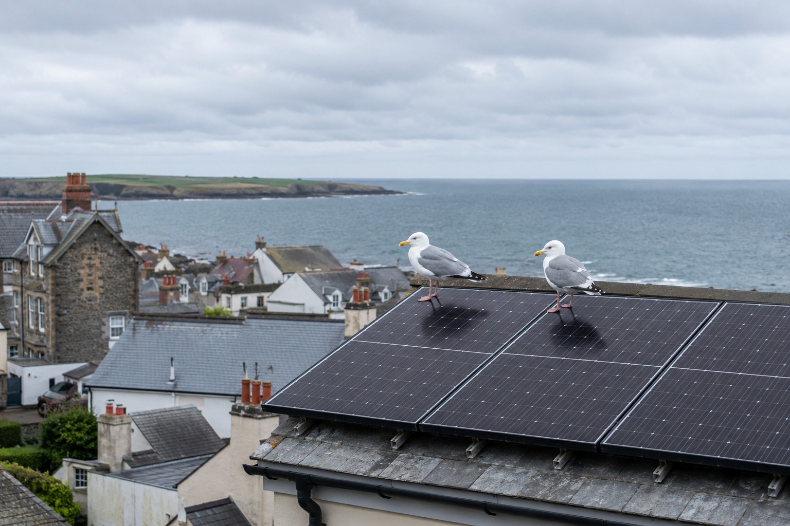 Herring gulls perched on solar panels on a coastal North Wales roof