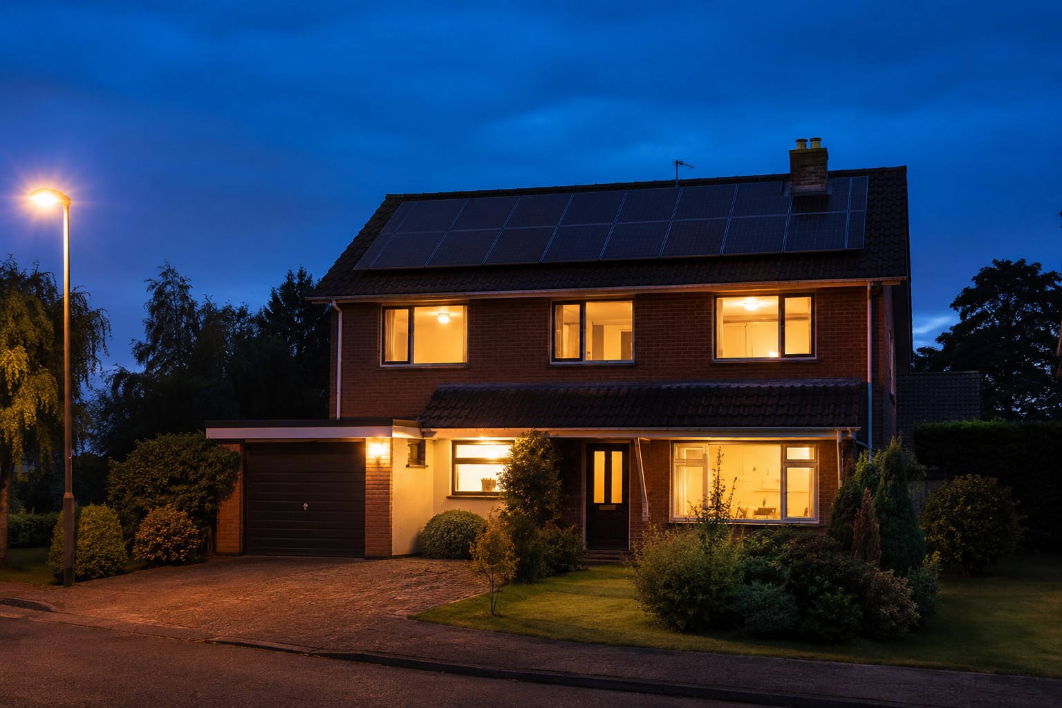 Home with rooftop solar panels at dusk