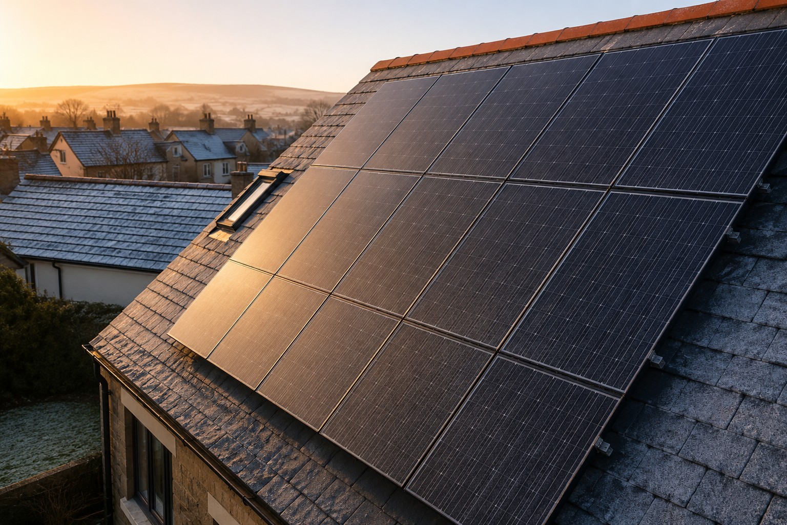 Solar panels on a slate roof in low winter sun in North Wales