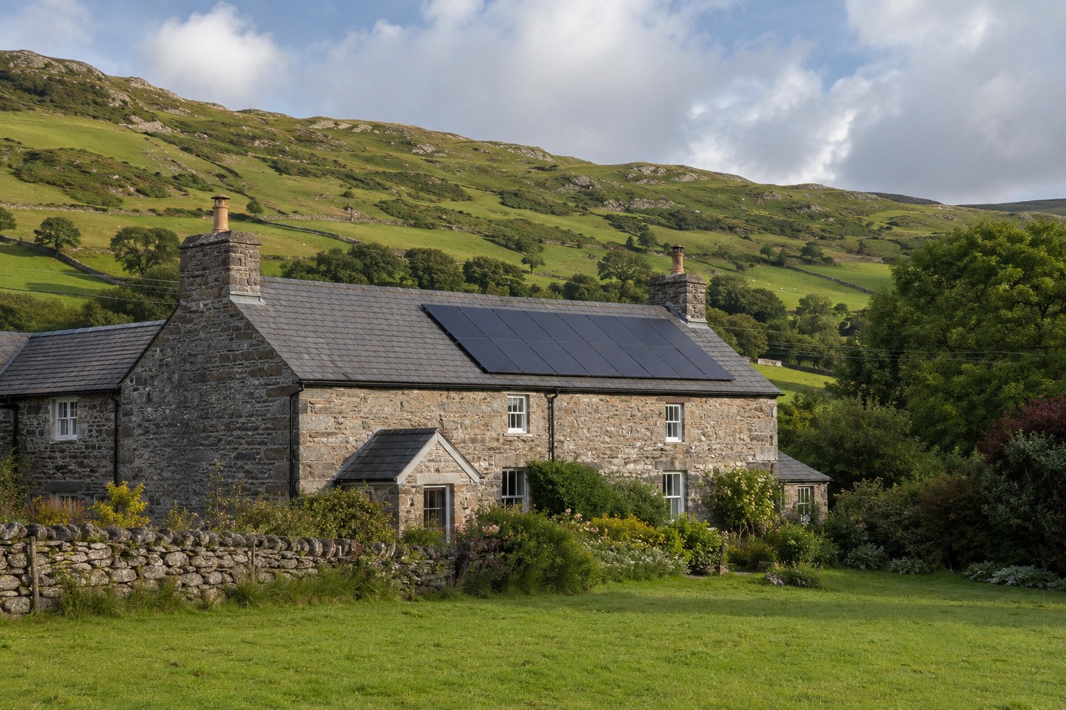 Welsh stone farmhouse with a discreet solar panel array